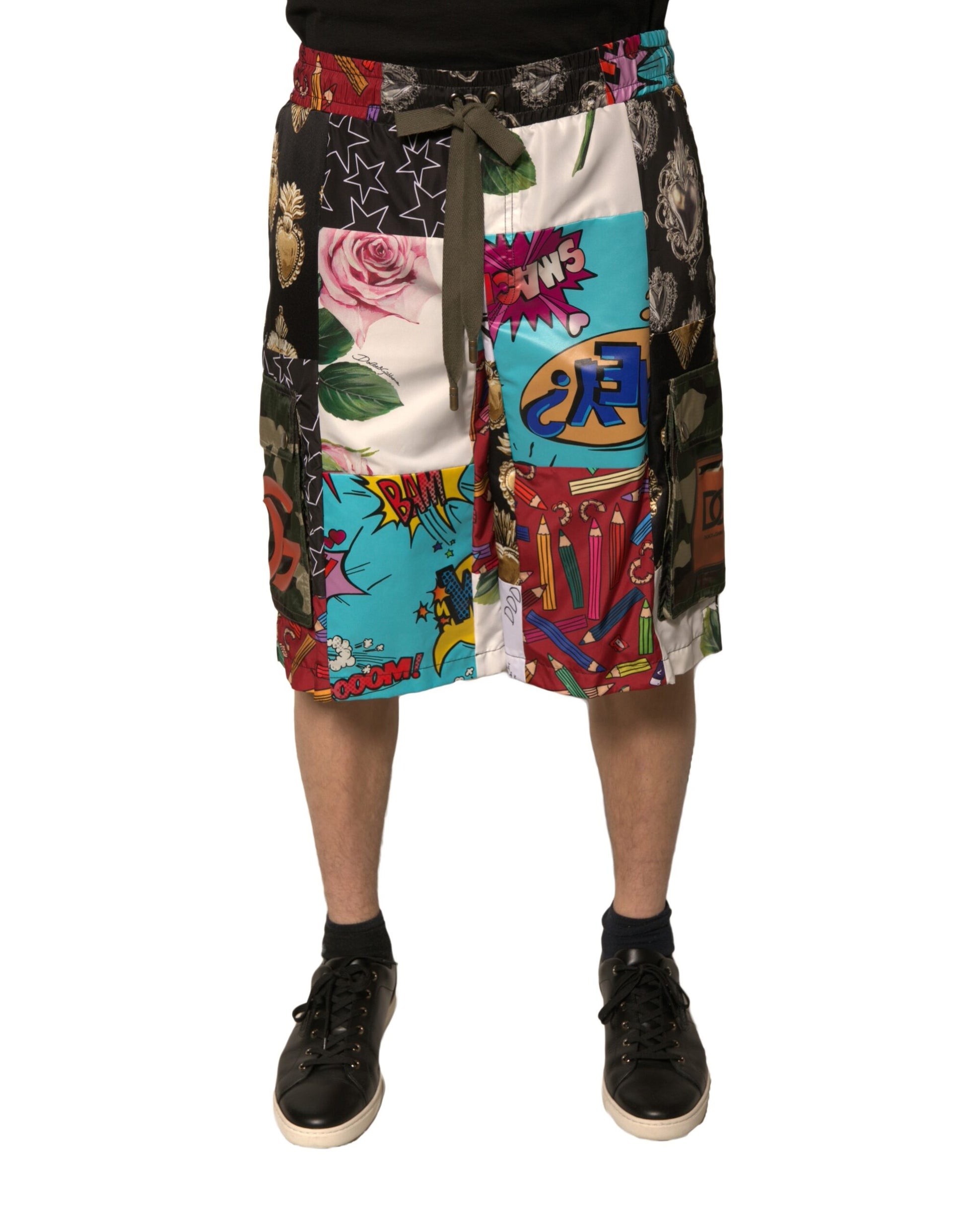 Colorful patchwork cargo shorts with floral and geometric patterns, featuring a drawstring waistband