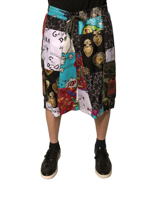 Colorful patchwork cargo shorts with various patterns and designs, featuring a drawstring waistband
