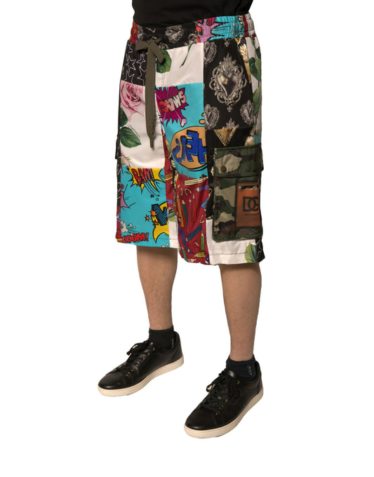 Colorful patchwork cargo shorts with various patterns and designs, featuring a mix of vibrant colors