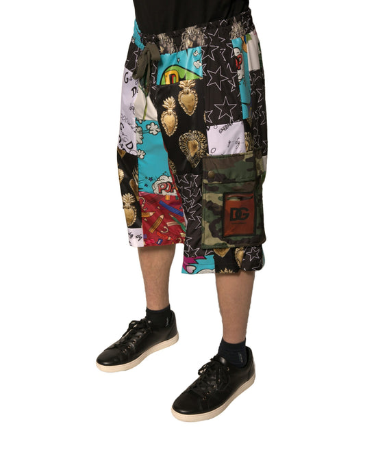 Colorful patchwork cargo shorts with multiple patterns and designs, featuring a camouflage pattern on the lower legs