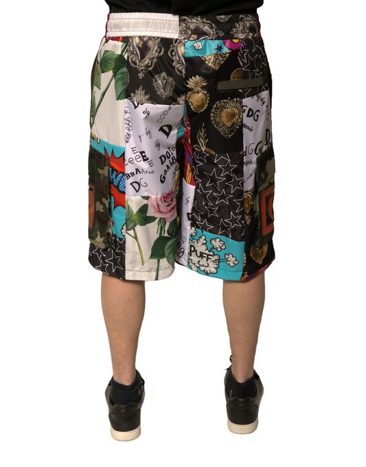 Colorful patchwork cargo shorts with floral and animal prints, featuring a multitude of patterns