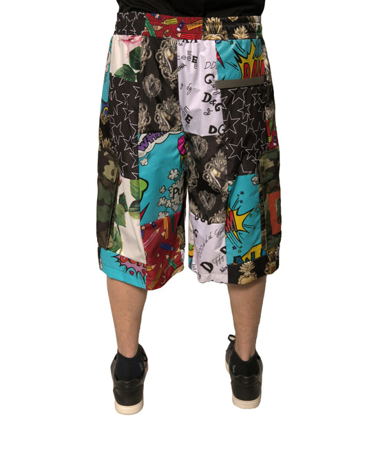 Colorful patchwork cargo shorts with various patterns and designs, featuring a relaxed fit