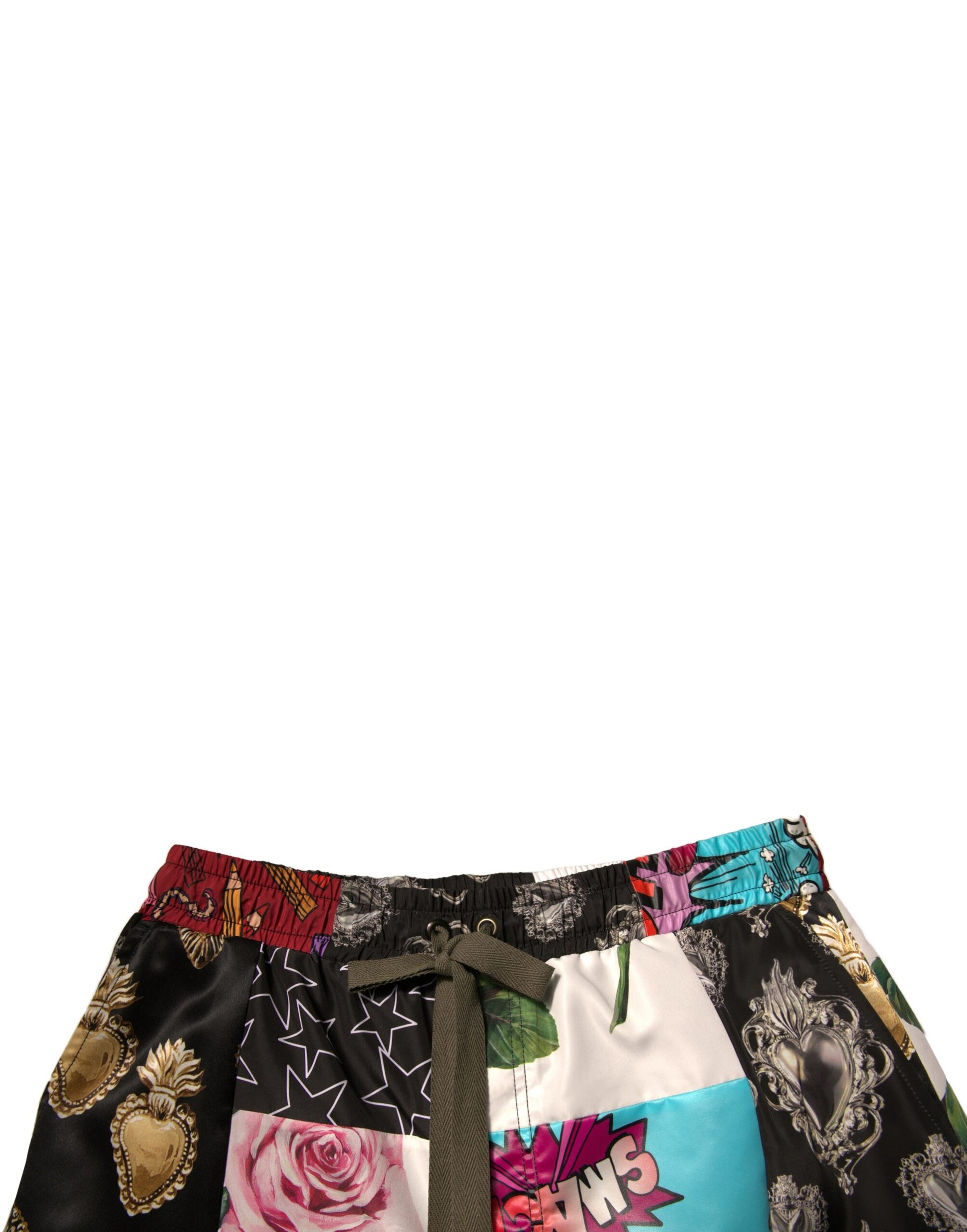 Colorful patchwork cargo shorts with floral and graphic prints, featuring a drawstring waistband