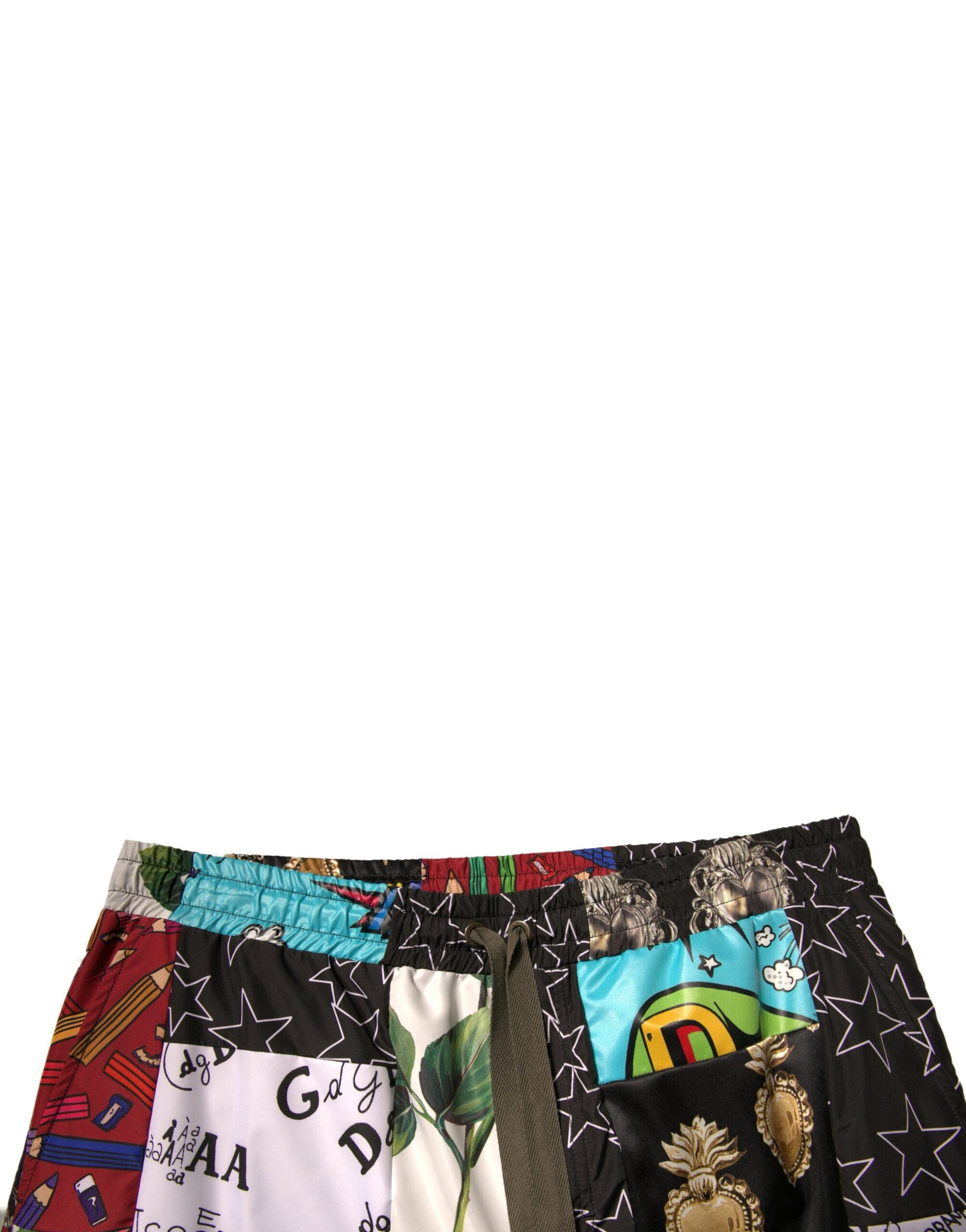 Colorful patchwork cargo shorts with various patterns and designs, including stars, flowers, and text