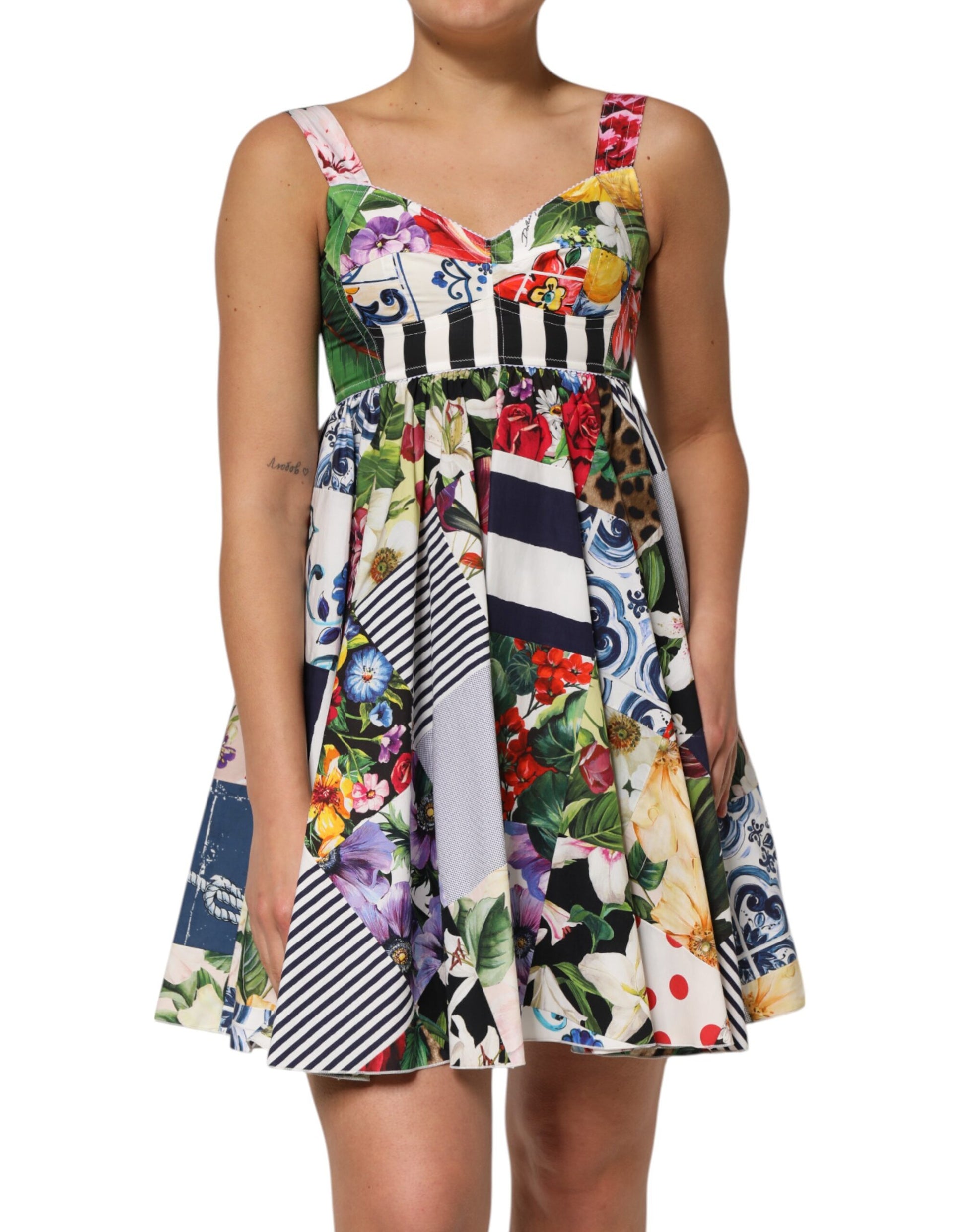 A colorful, floral patterned dress with a V-neckline