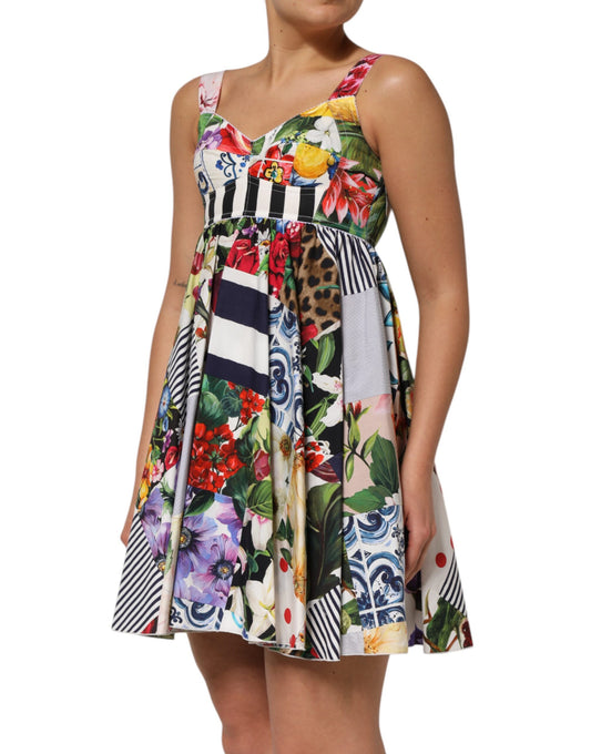 A colorful, floral print dress with a patchwork design and short sleeves
