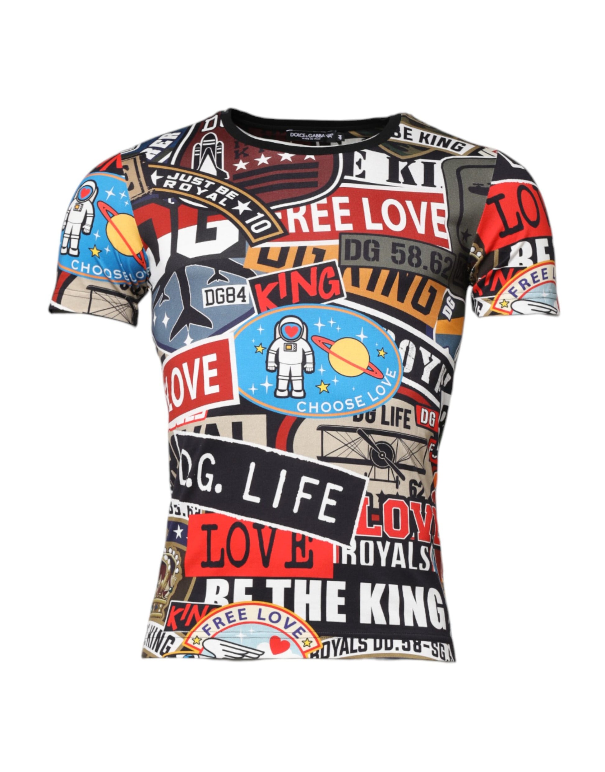 Colorful graphic t-shirt with various slogans and images