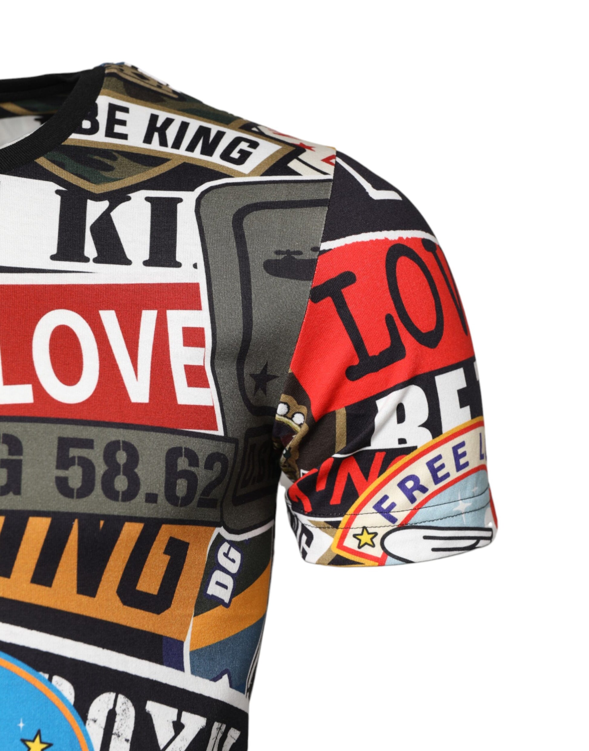 The shirt is printed with various phrases and images
