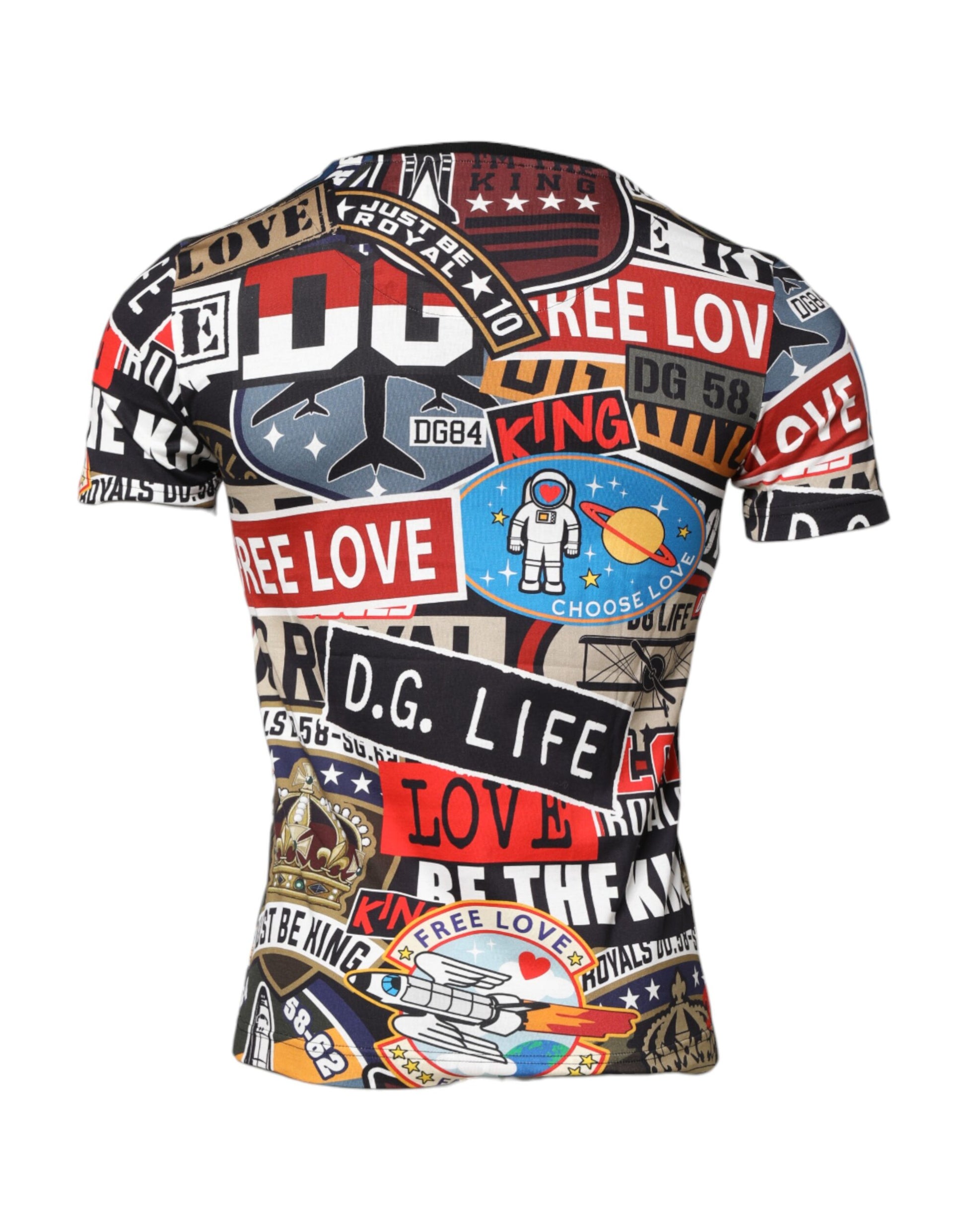 Shirt with various phrases and logos on it