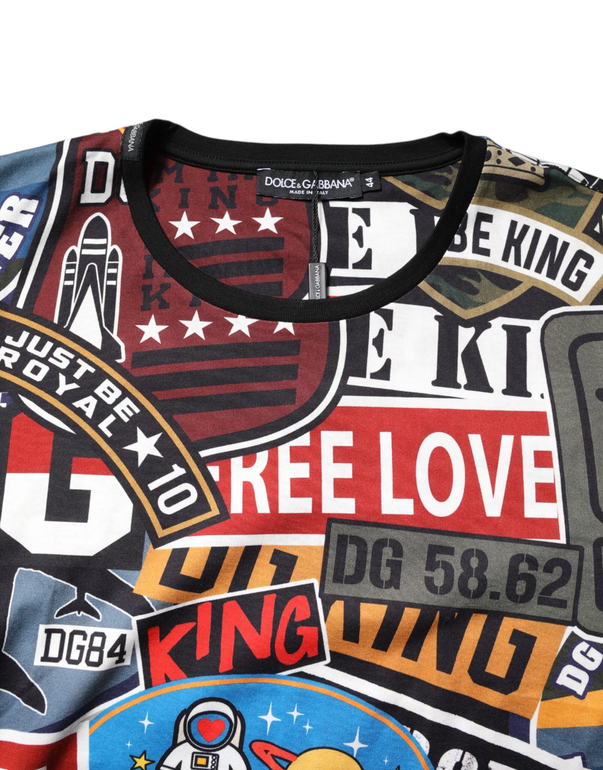 Multicolored graphic t-shirt with various slogans and logos