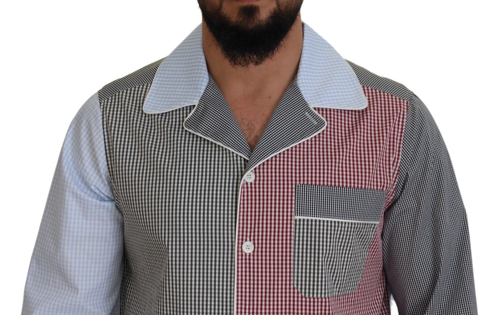 Man wearing plaid shirt with collar and pocket on front