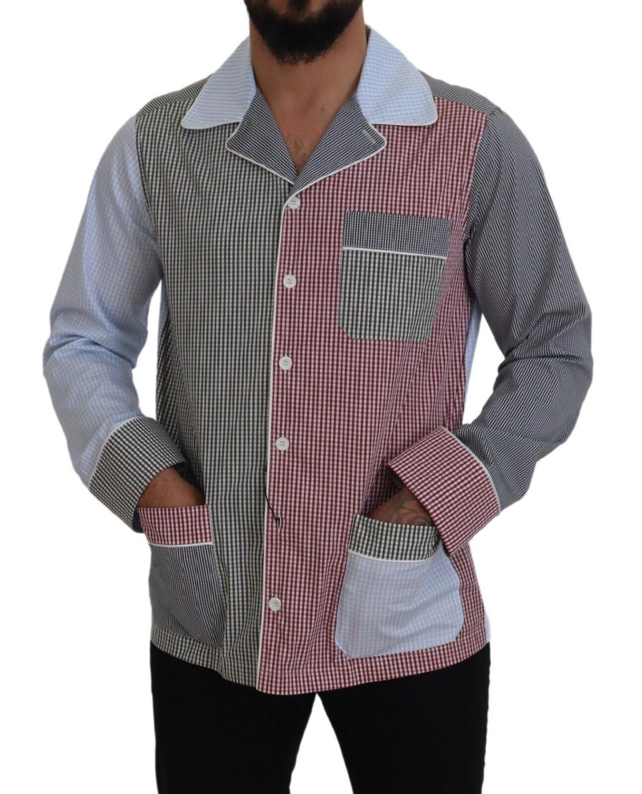 Man wearing plaid shirt with long sleeves