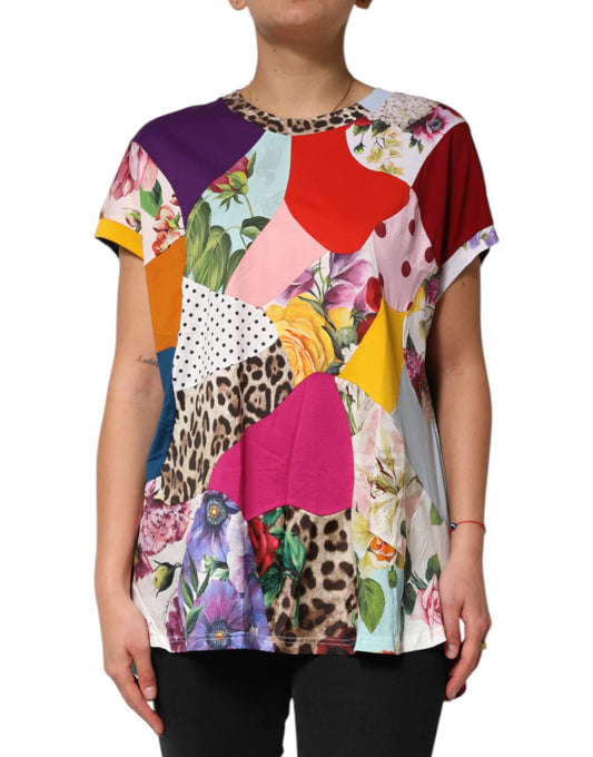 Colorful graphic print t-shirt with leopard print, floral, and geometric designs