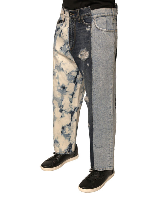 Man wearing blue jeans with distressed design