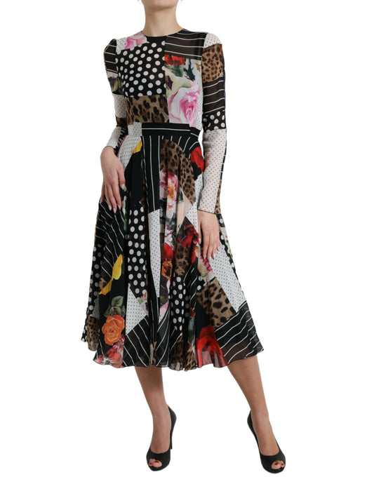 A woman wearing a multicolored patchwork floral leopard print dress with black and white polka dots