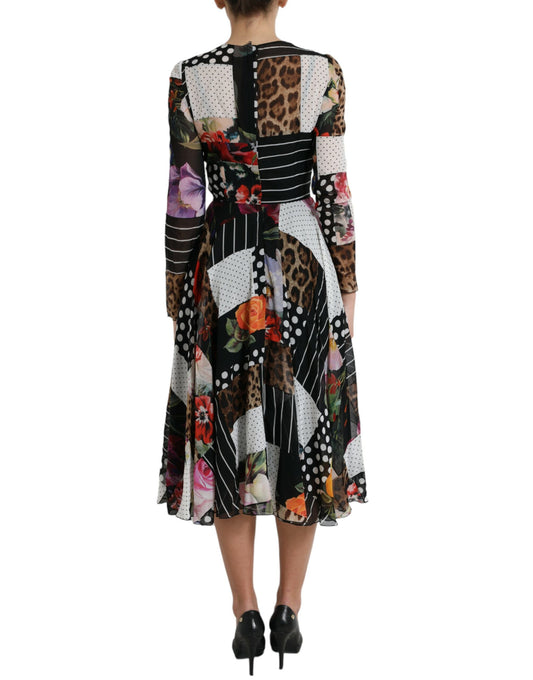 A long sleeve dress with a patchwork design featuring floral and leopard prints
