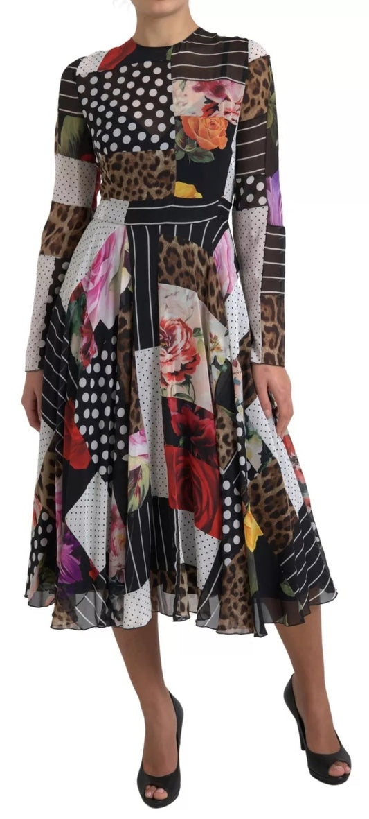 A woman wearing a multicolored patchwork dress with floral and leopard prints