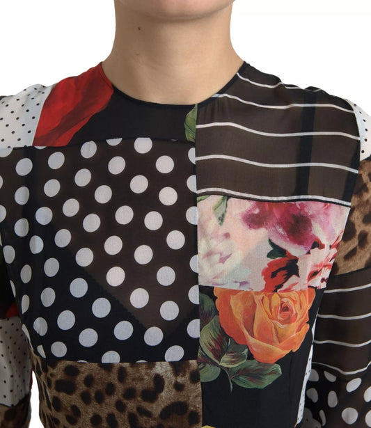 A woman wearing a multicolored patchwork dress with floral and leopard prints