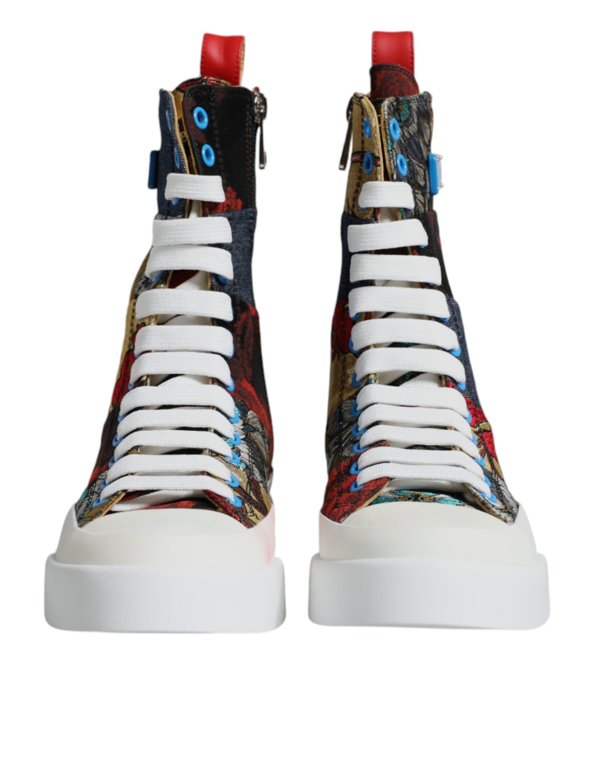 Colorful high top sneakers with patchwork design and white laces