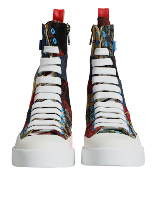 Colorful high top sneakers with patchwork design and white laces