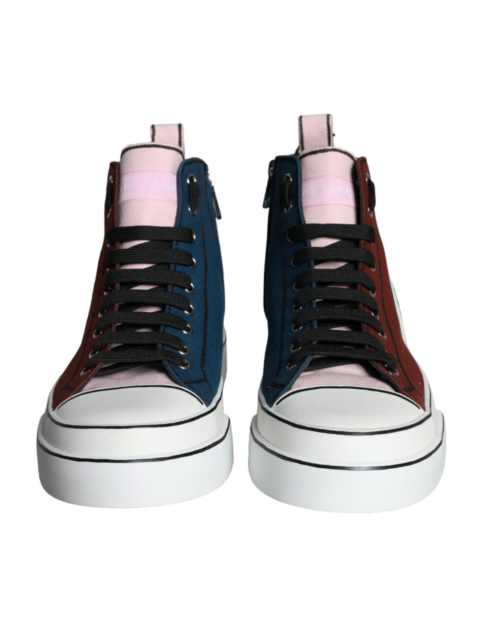Blue red white high top sneakers with pink laces and soles