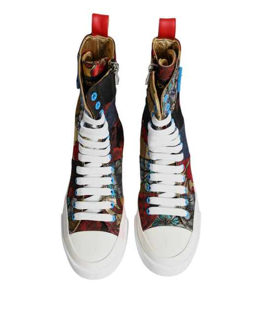 High top sneakers with multicolored patchwork design, featuring red laces and a white sole