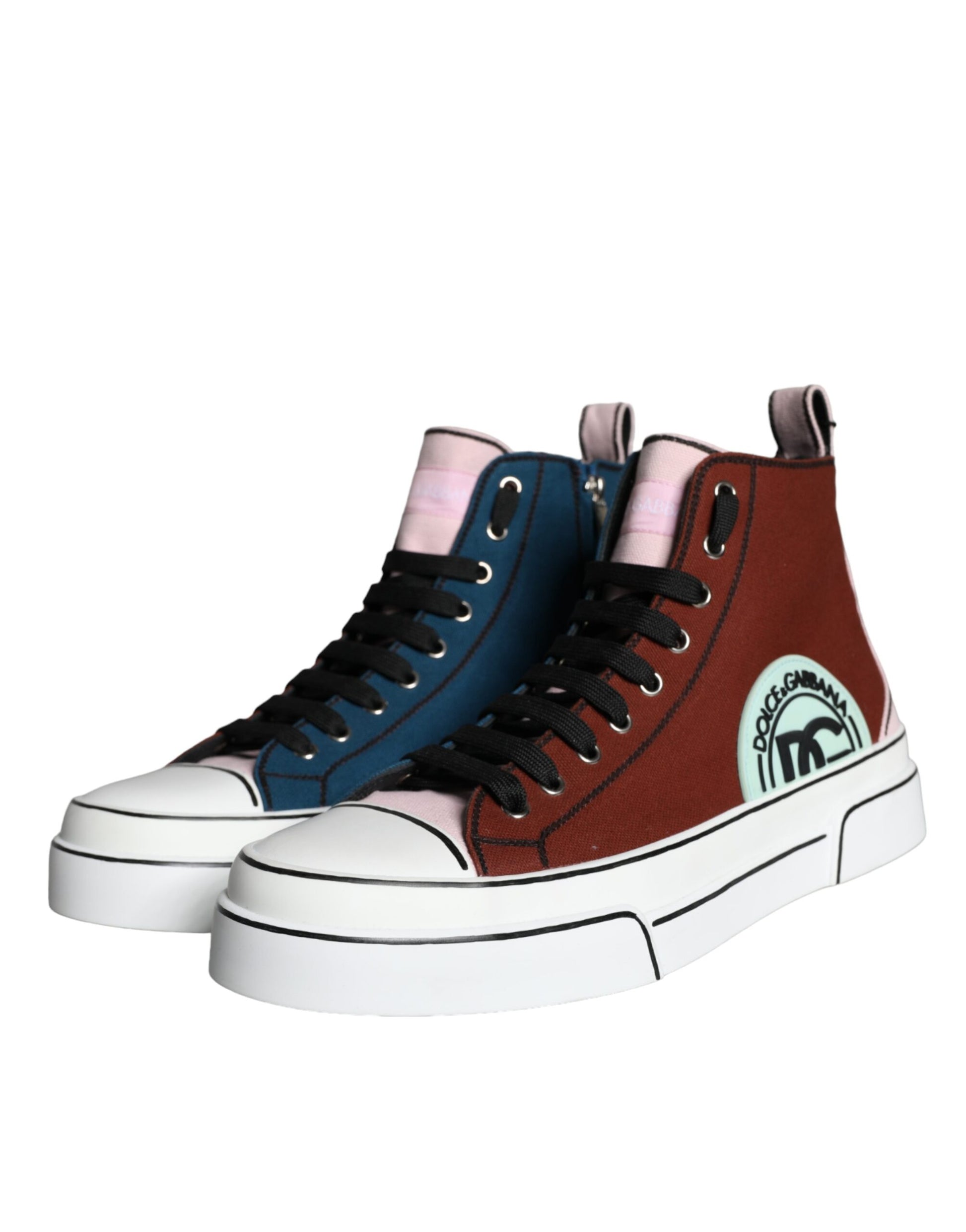 Red and blue high top sneakers with white laces, pink interior lining, and a patchwork design
