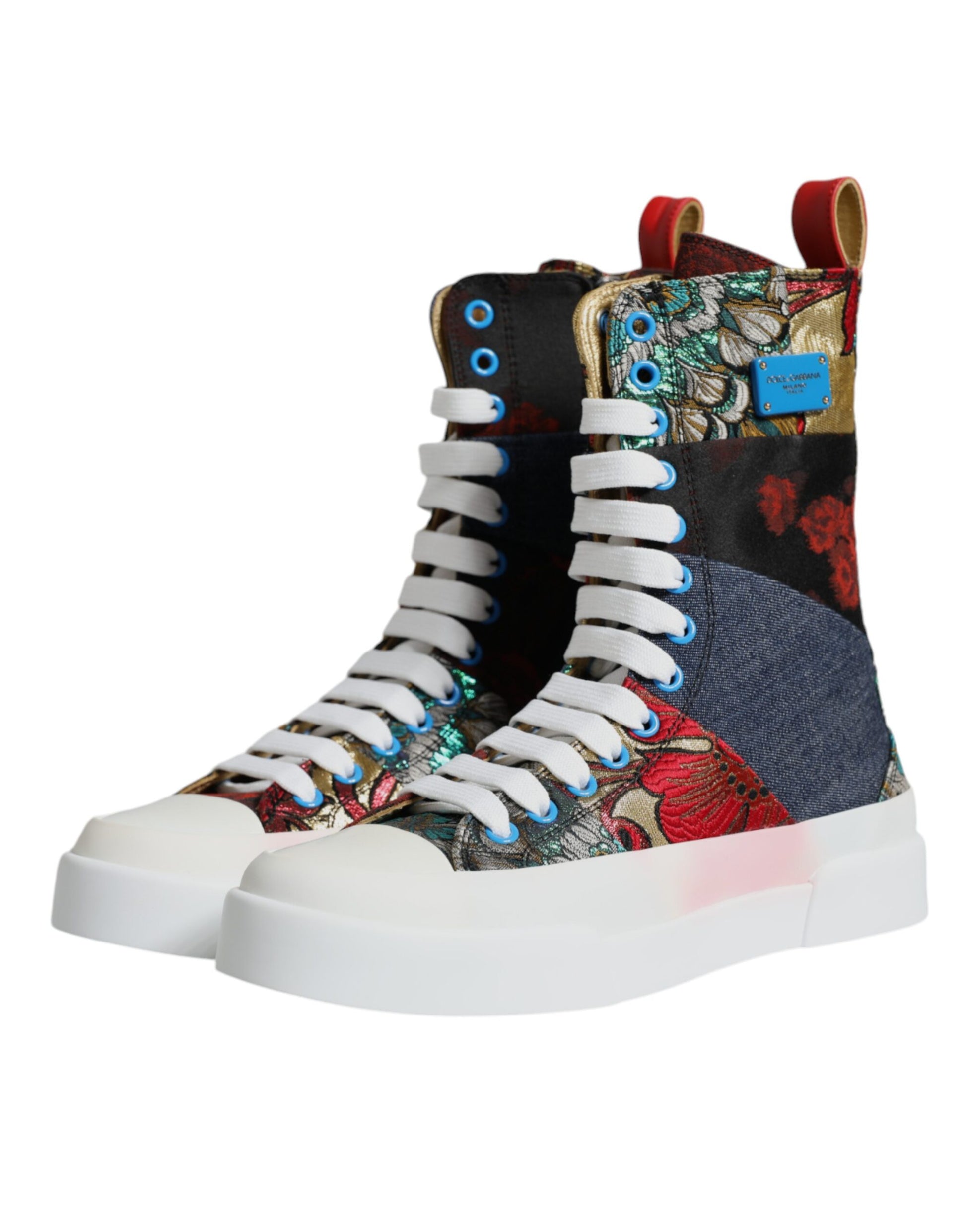 Colorful high top sneakers with floral and geometric patchwork design, featuring white laces and a chunky sole