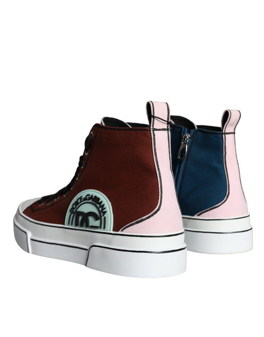 Red, blue, pink high top sneakers with white soles and laces