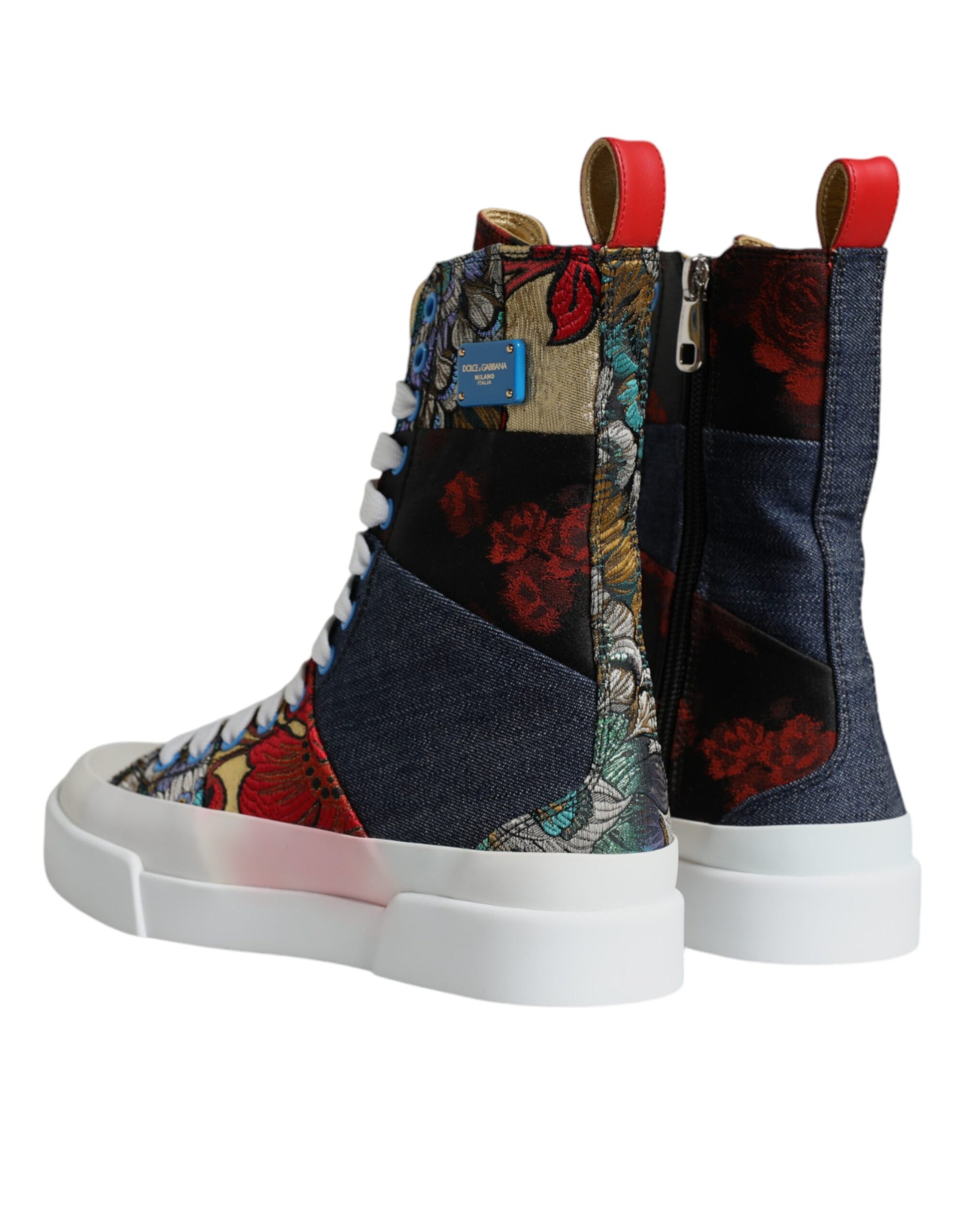 Colorful high top sneakers with patchwork design and laces
