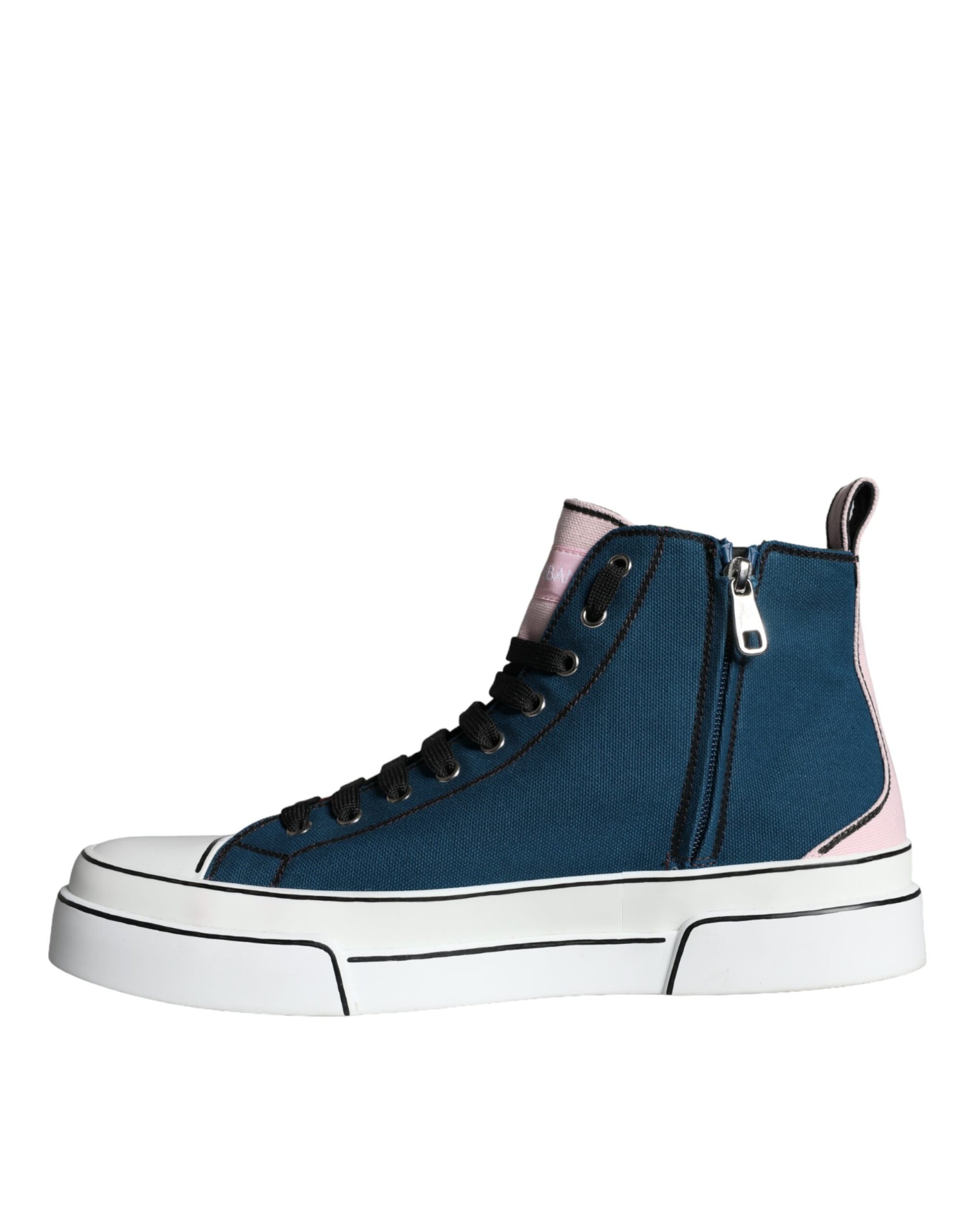 Blue denim sneakers with pink accents, featuring a high top design and laces