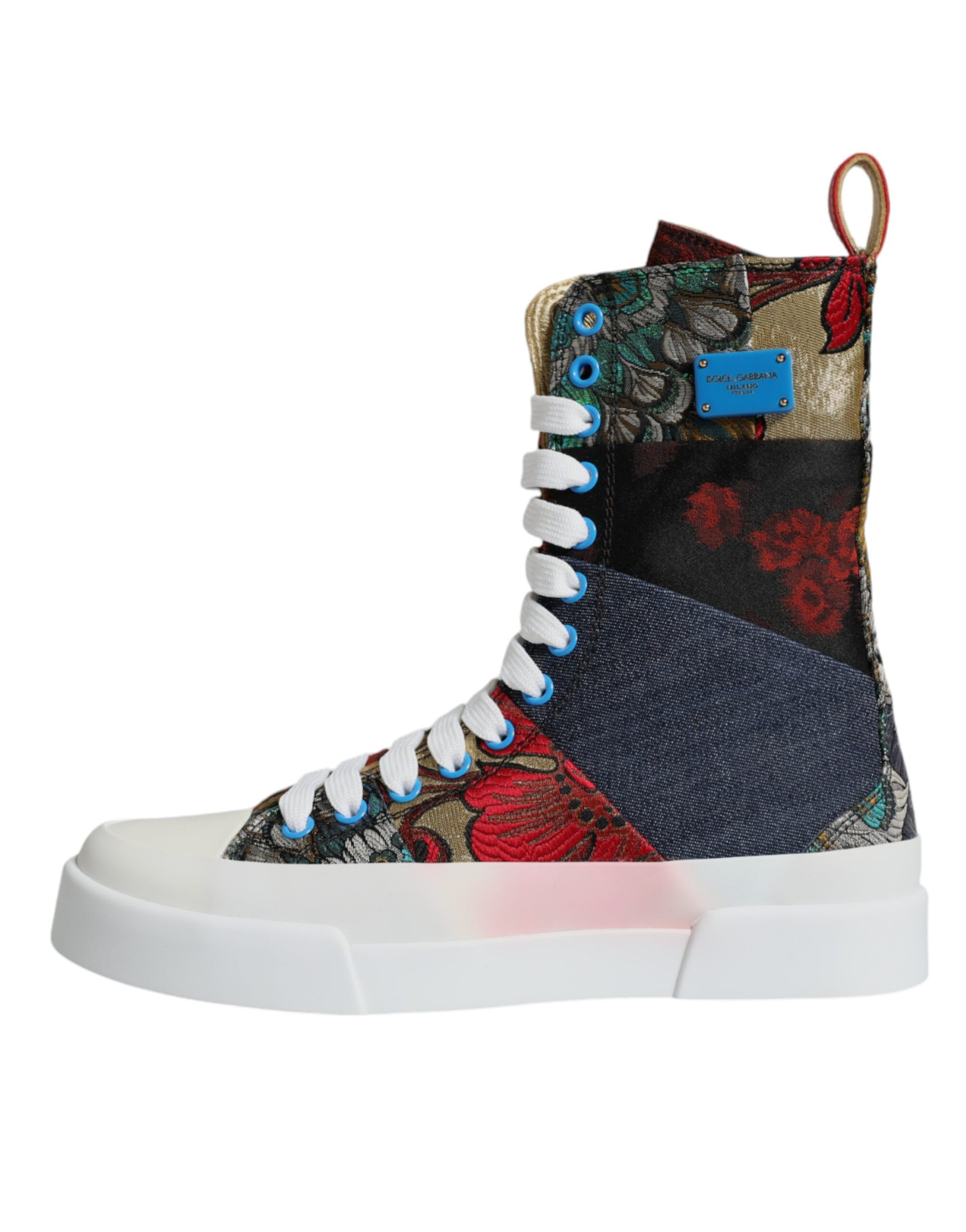 Colorful high top sneakers with patchwork design and white soles