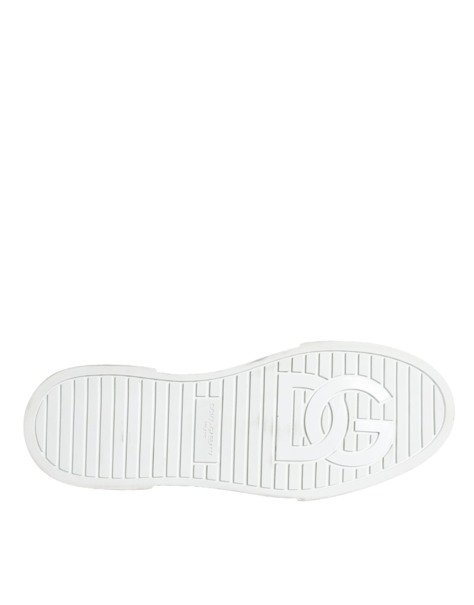 White sneaker with multicolored patchwork design and black logo on side