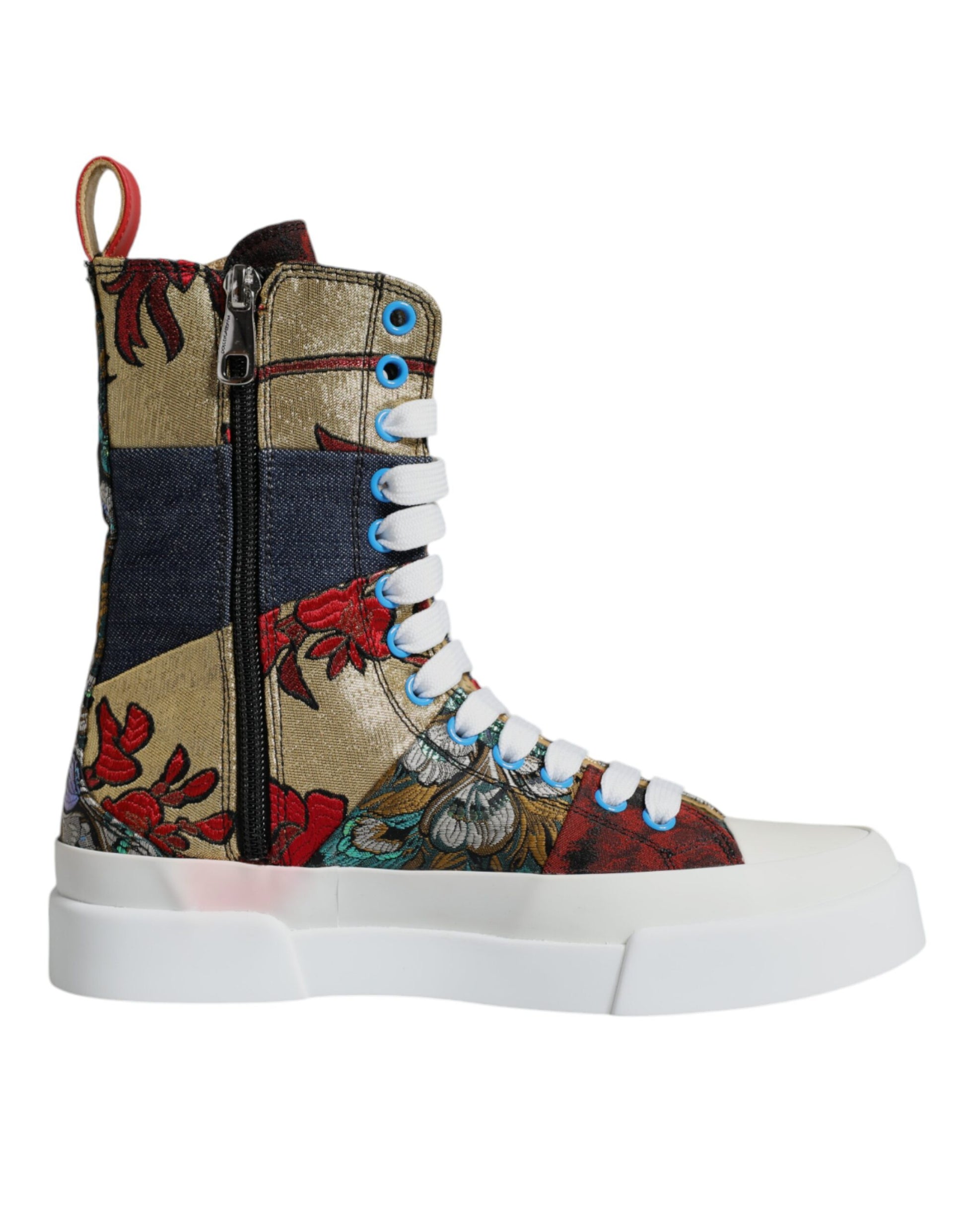 Colorful high top sneakers with patchwork design and laces