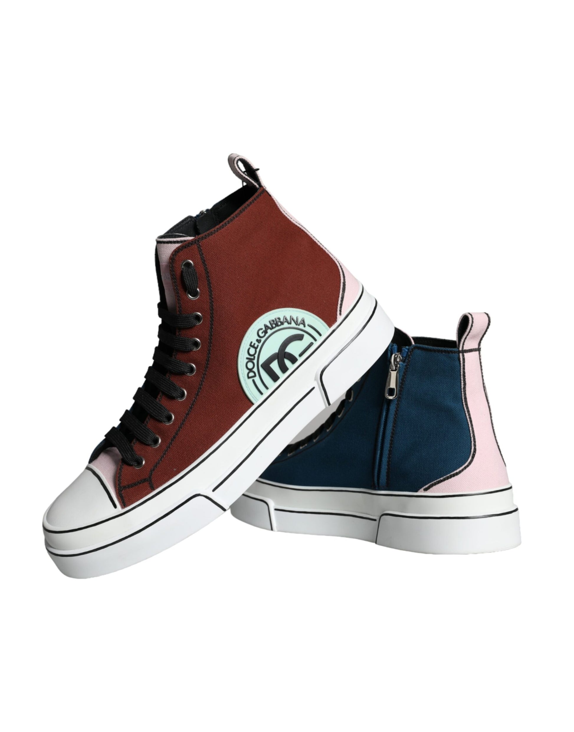 Red, white, blue, pink high top sneakers with patchwork design and D&G logo
