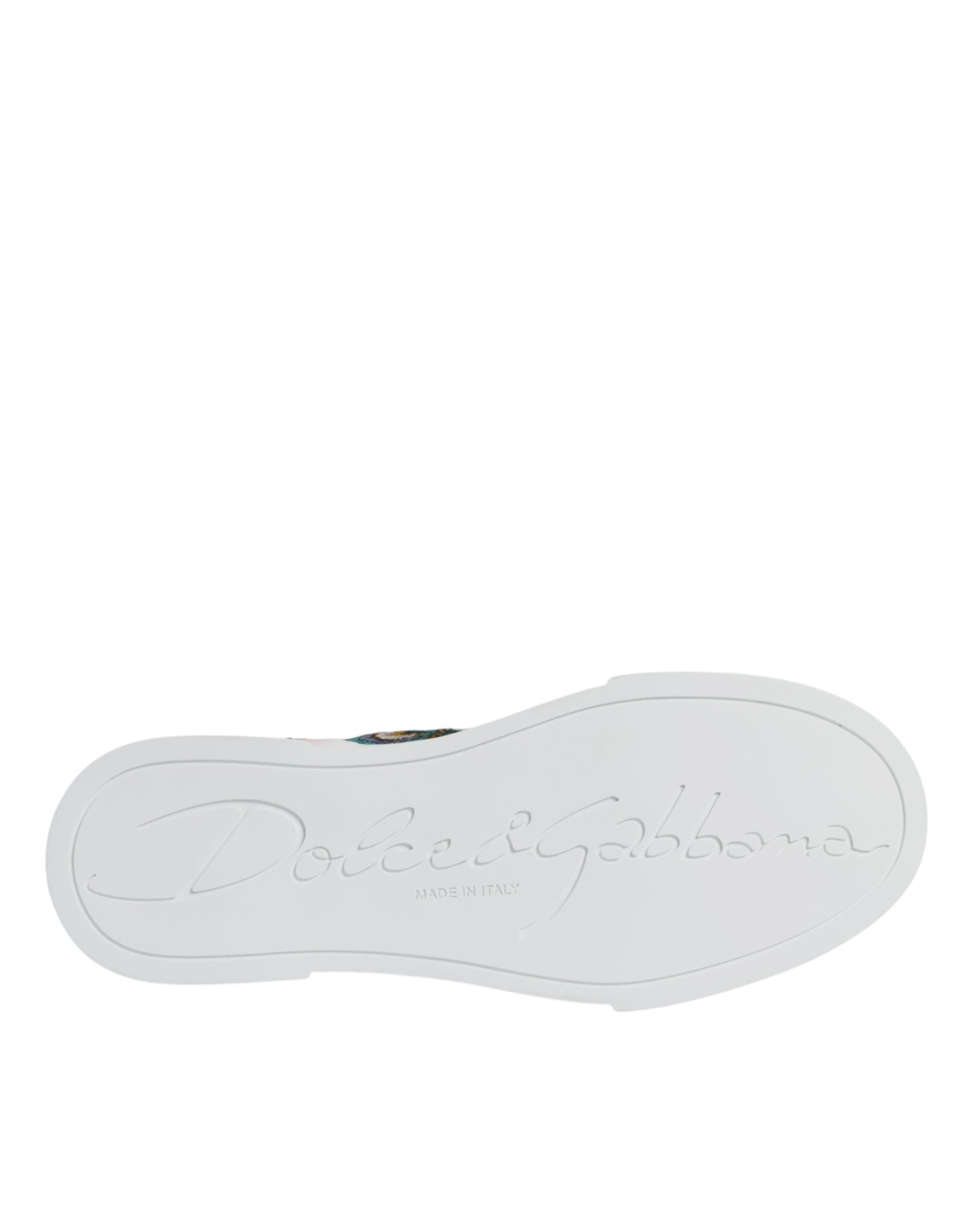 White sneaker with multicolored patchwork design and black text logo on side