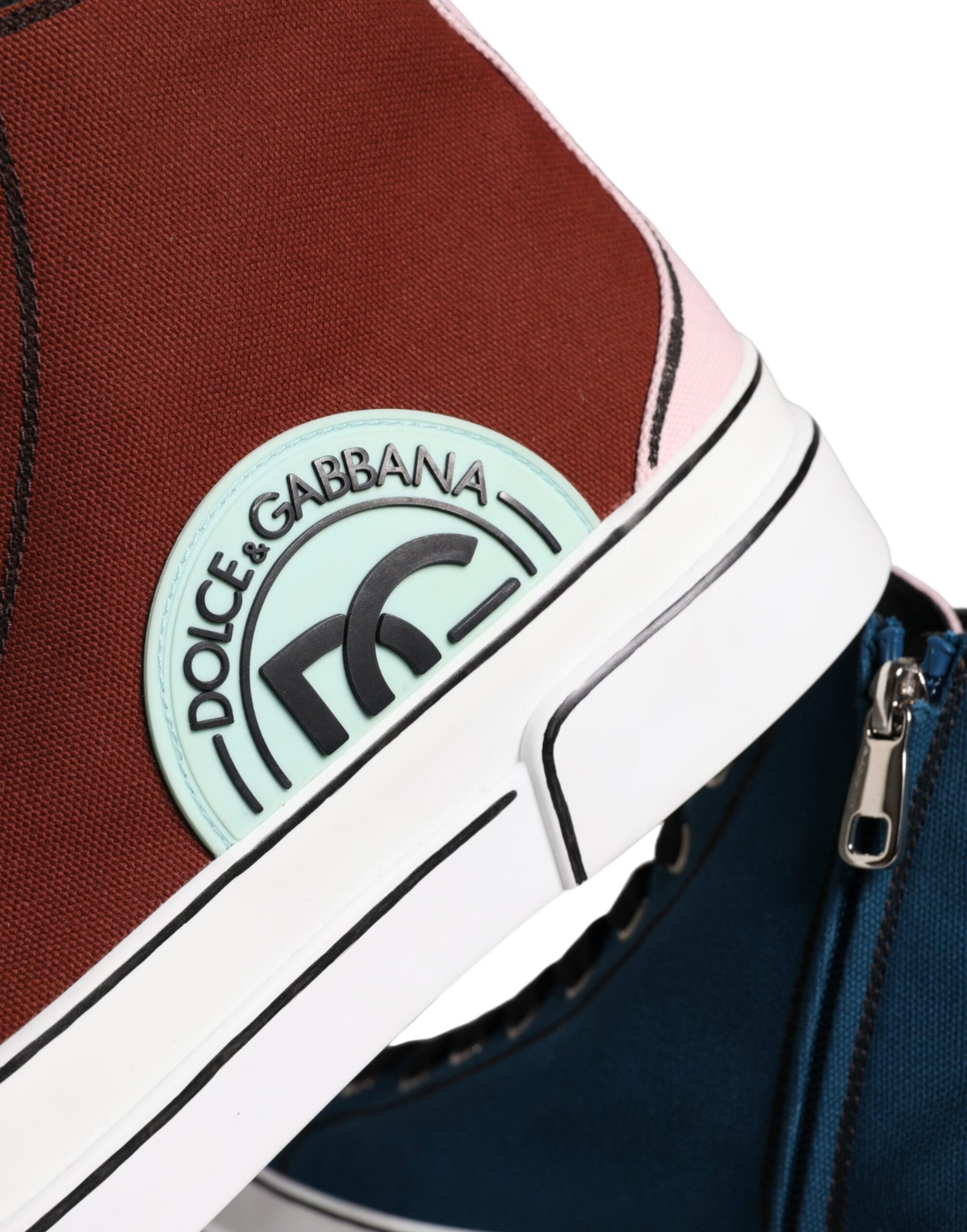 Red and white high top sneakers with multicolored patchwork design, featuring the Dolce & Gabbana logo