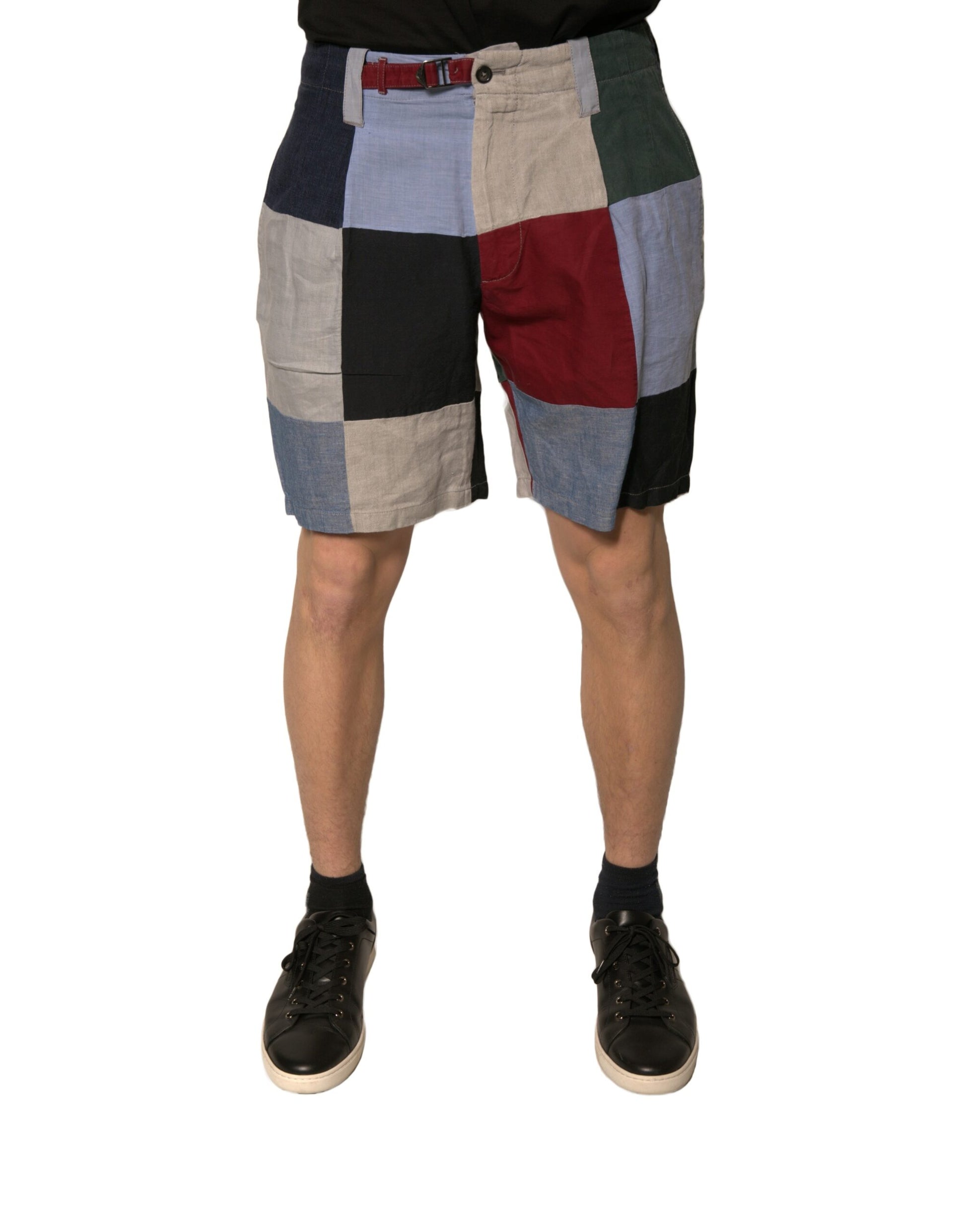 Colorful patchwork linen men's chino shorts with a belt loop and button closure