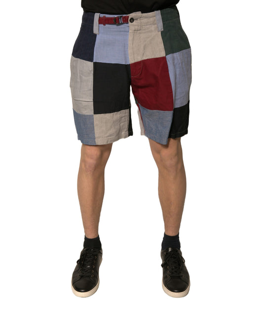 Colorful patchwork linen men's chino shorts with a belt loop and button closure