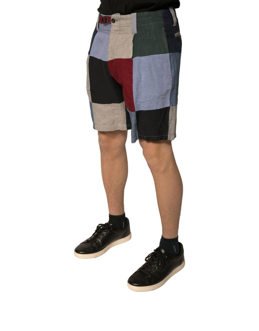 Colorful patchwork linen men's chino shorts with a variety of colors and patterns