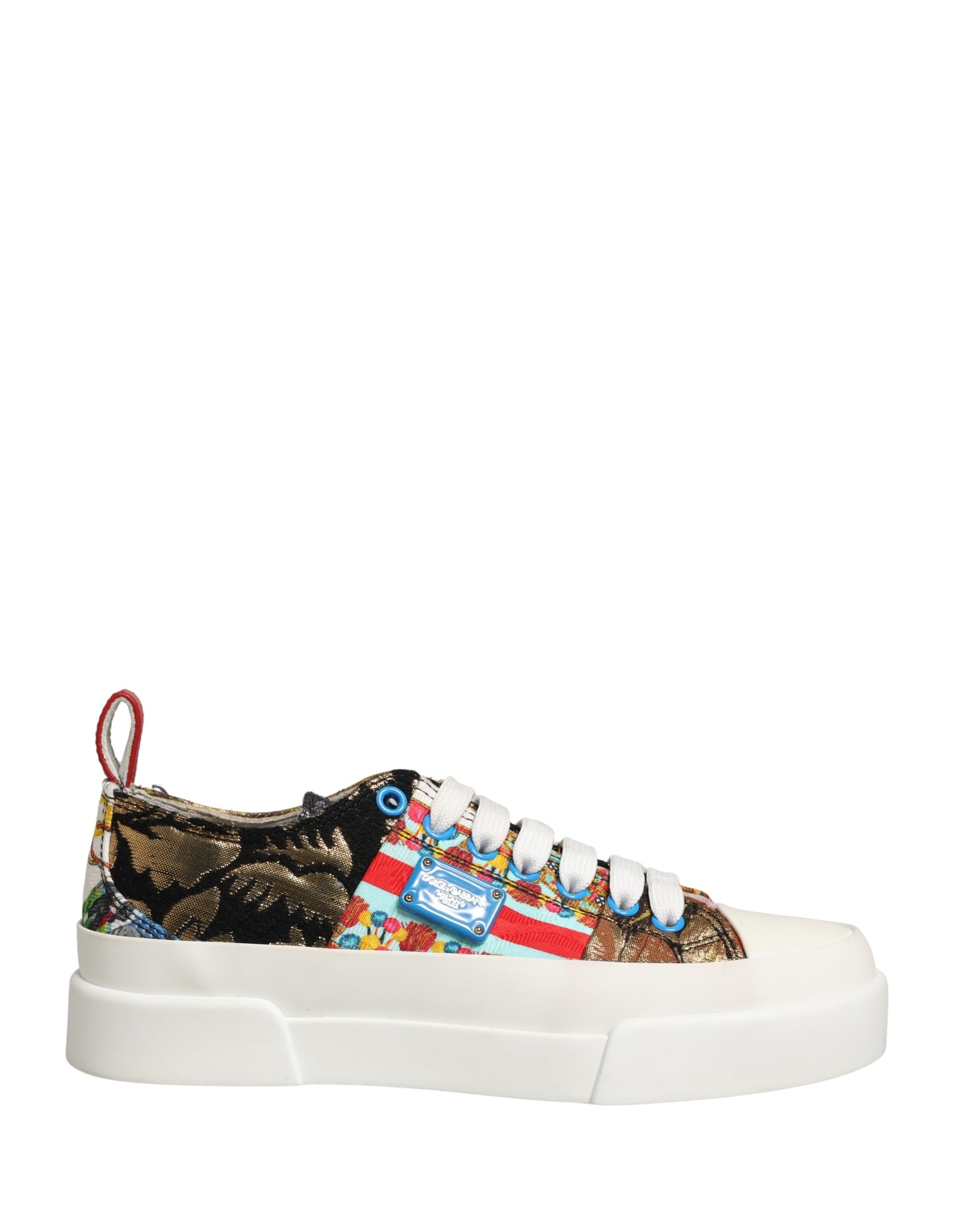 Colorful patchwork sneakers with laces and a red stripe on the side