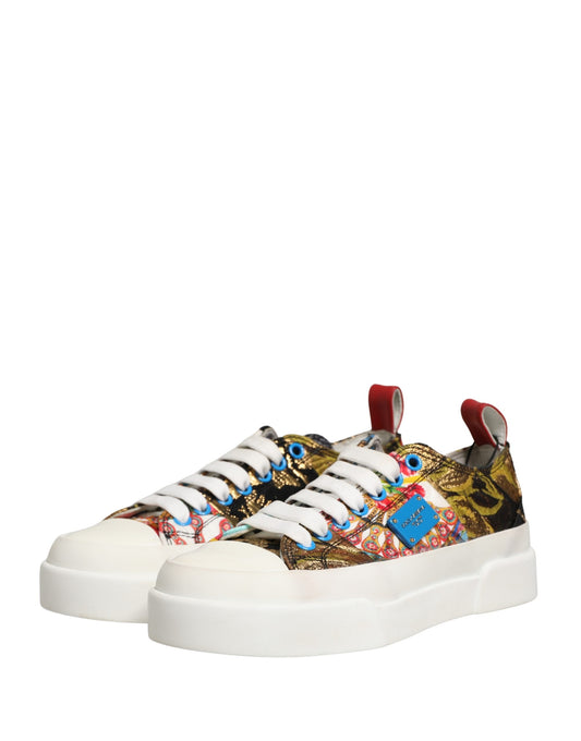 Colorful sneakers with patchwork design, featuring red and blue accents
