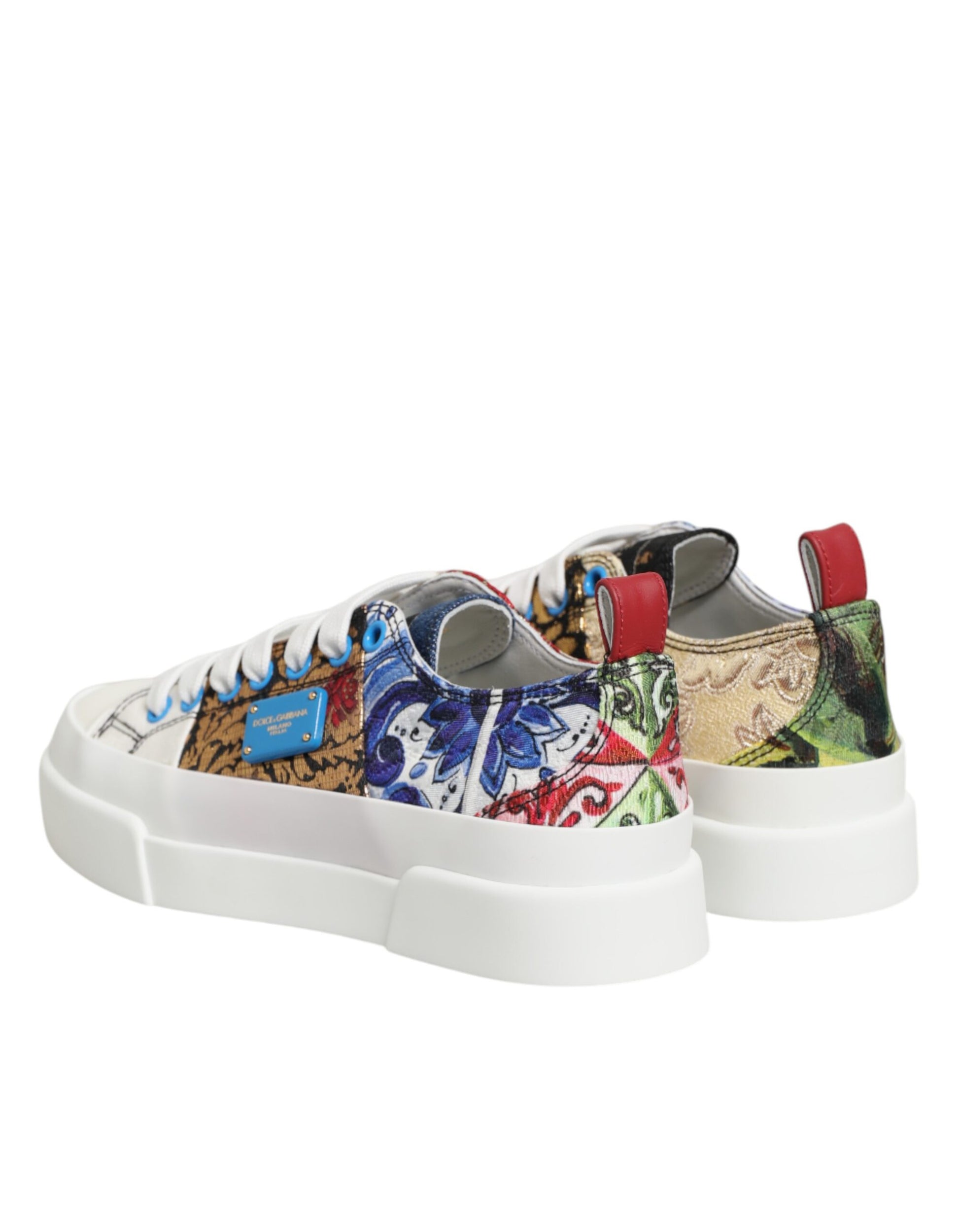 Colorful sneakers with patchwork design, featuring multiple patterns and textures
