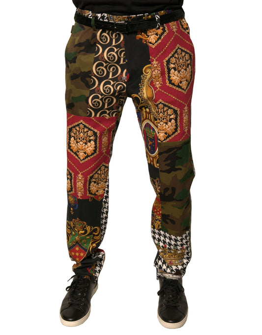 Colorful patchwork men's dress pants with floral and geometric patterns