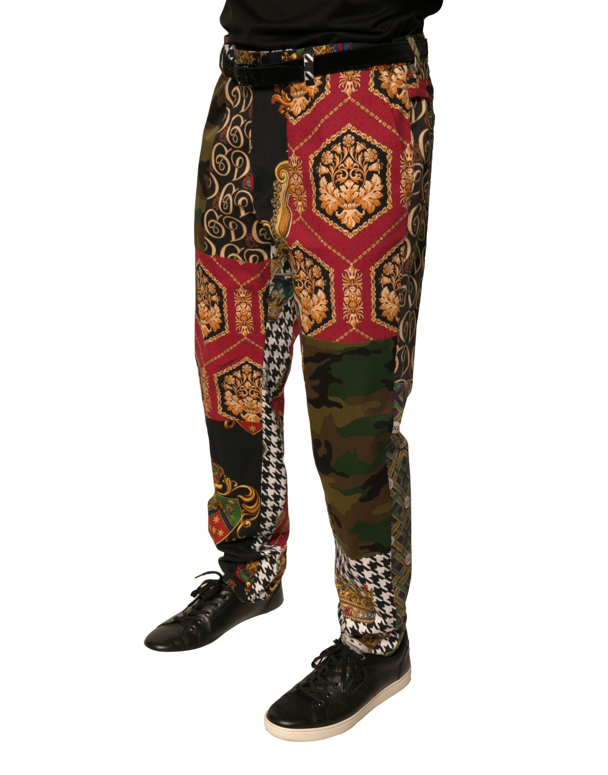 Colorful patchwork men's dress pants with intricate patterns and designs, featuring a mix of red, gold, black, and white
