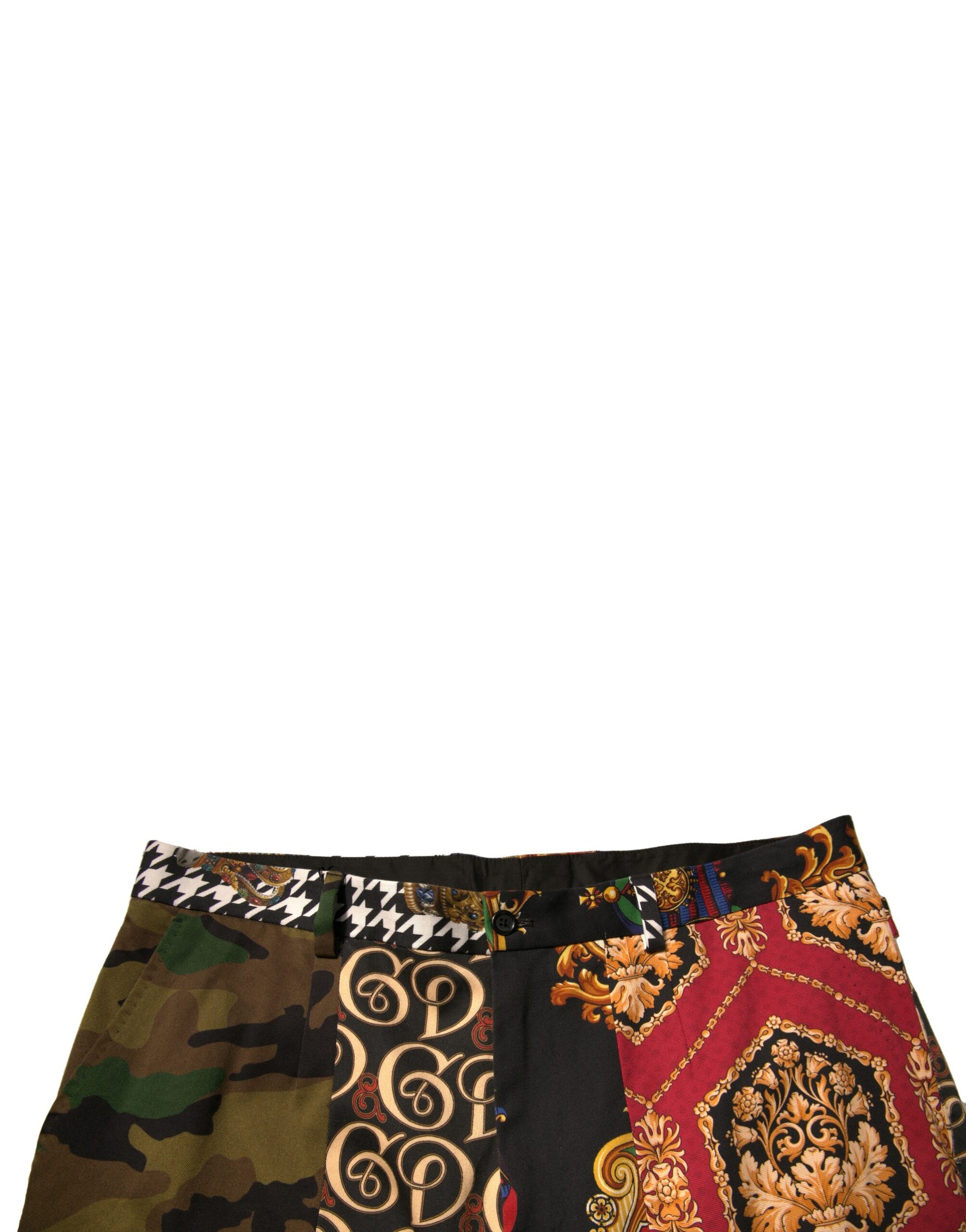Colorful patchwork men's dress pants with intricate designs and patterns