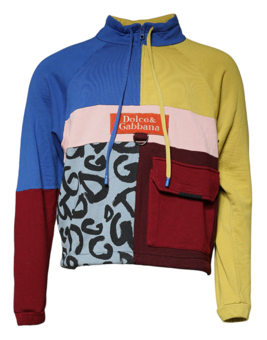 Colorful jacket with hoodie, pockets, and zippered pouches
