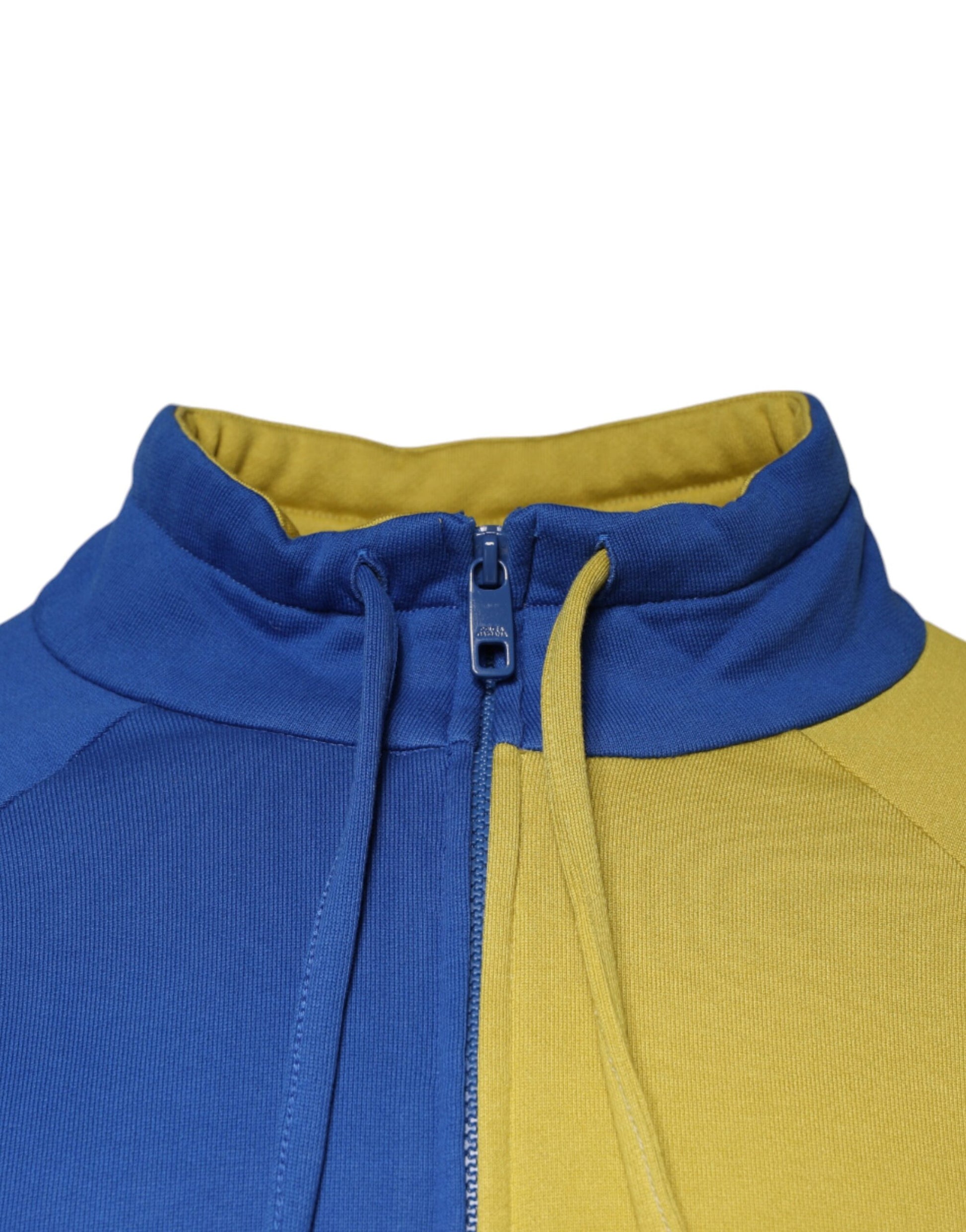 Blue and yellow jacket with zippered front