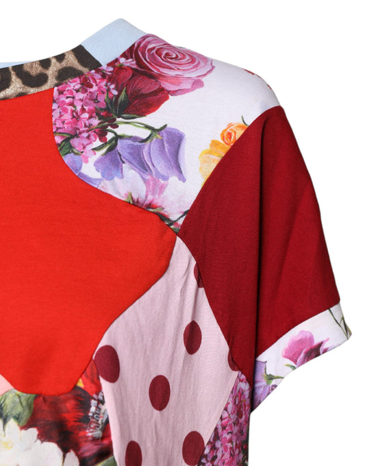 Floral patterned shirt with red sleeves and collar