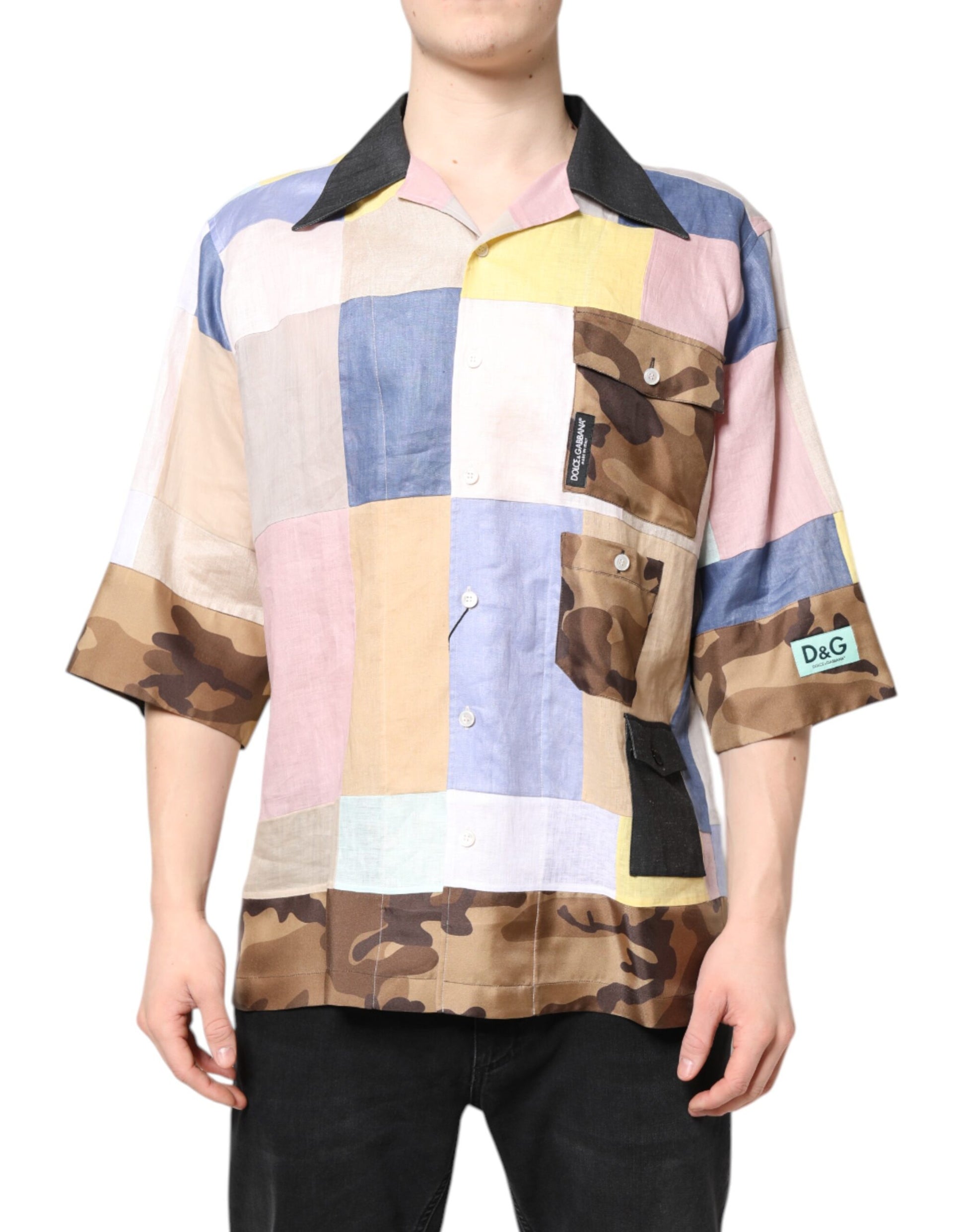 Man wearing a colorful shirt with camouflage pattern